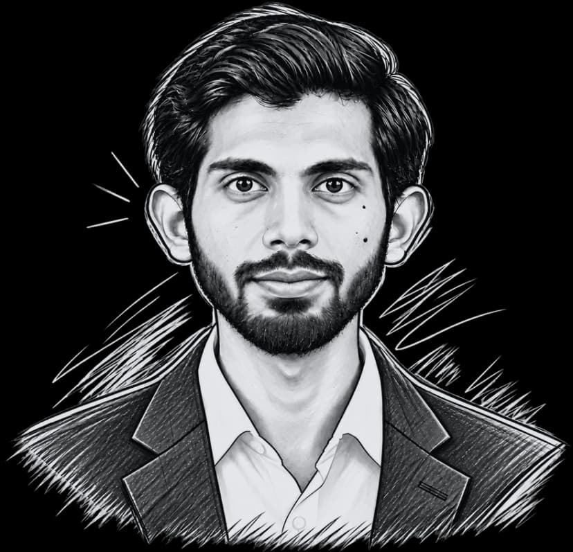 Pencil-sketch portrait of Tejas Nirala in a dark blazer and white shirt