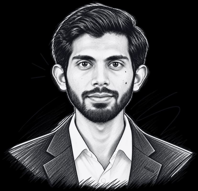 Pencil-sketch portrait of Tejas Nirala in a dark blazer and white shirt